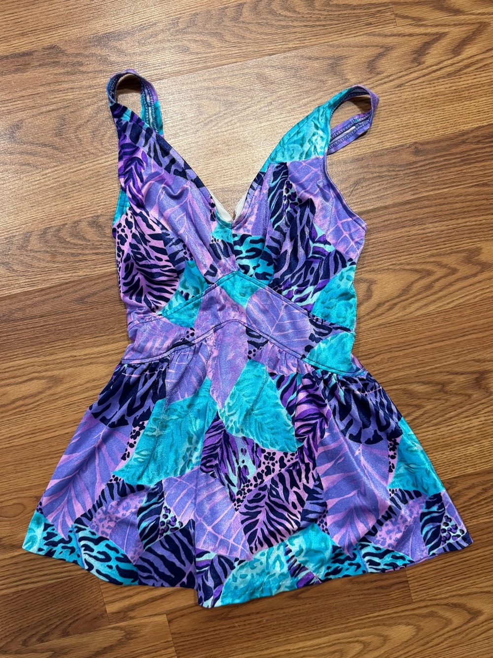 Vintage Jantzen Tropical Print One Piece Swimsuit Size 10 Purple Blue